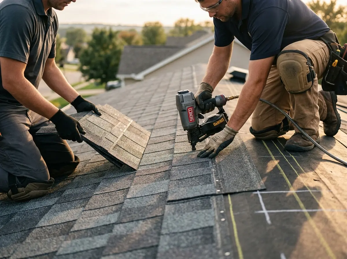 Professional roofer working on a residential roof in Hingham